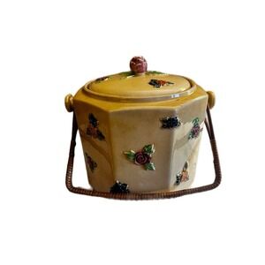 VINTAGE handpainted YELLOW BISCUIT JAR WITH RATTAN HANDLE